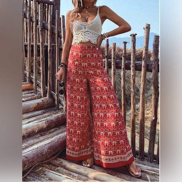 Red Boho Print Wide Leg Pants* - Picture 2 of 5